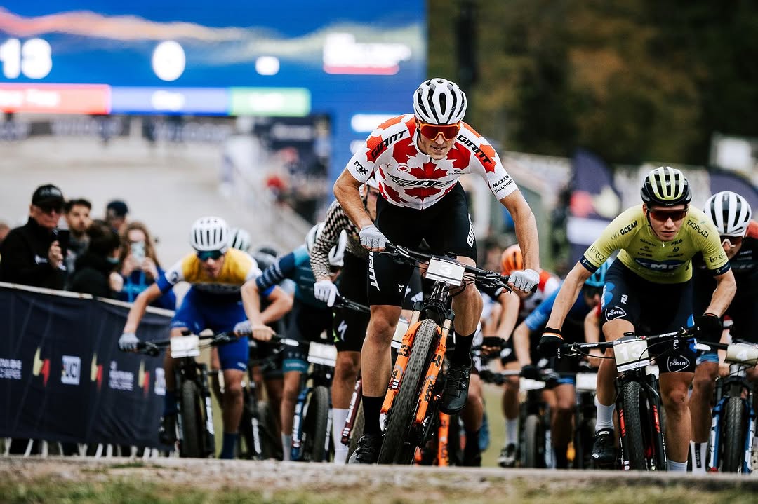 Leading the peloton in Canadian national champion jersey